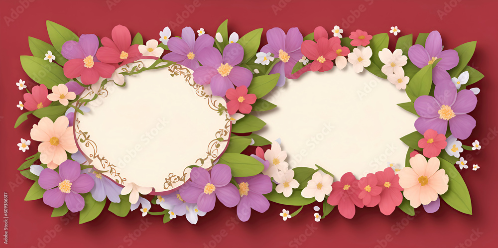 Multicolored flowers with leaves on a colored background, with space for text.