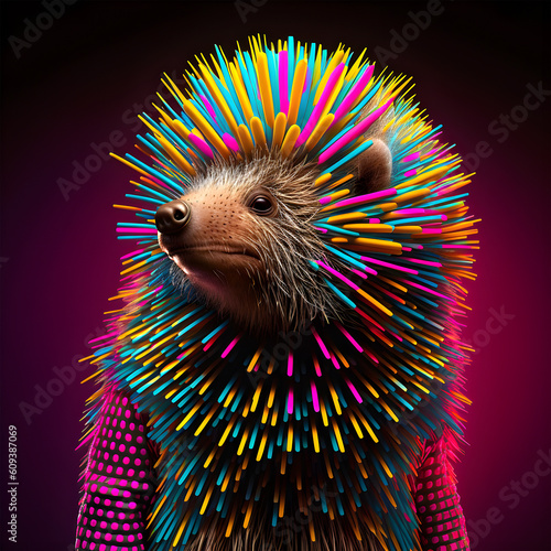 Fototapeta Naklejka Na Ścianę i Meble -  Realistic lifelike porcupine in fluorescent electric highlighters ultra-bright neon outfits, commercial, editorial advertisement, surreal surrealism. 80s Era comeback. 
