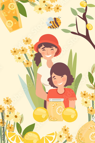 Happy family enjoys the outdoors while sipping refreshing lemonade and sharing moments of joy. Concept of active recreation in nature. Poster for or invitation for your design. Vector.