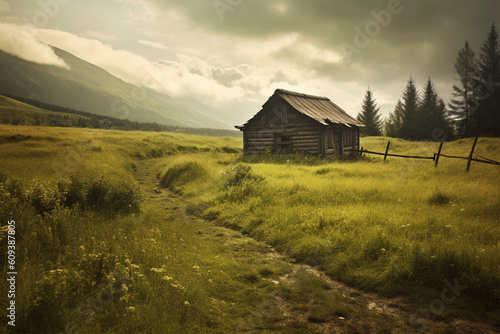 background of a hut in the middle of a meadow