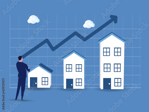 Housing price rising up, Arrow chart rising house prices, real estate investment or property growth concept. Vector illustration..