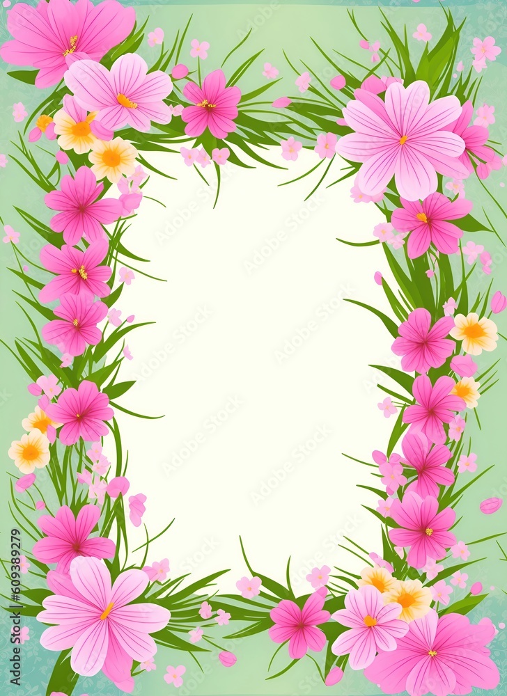 Pink flowers with leaves on a green background, with space for text. Pink flowers with leaves on a green background, with space for text.