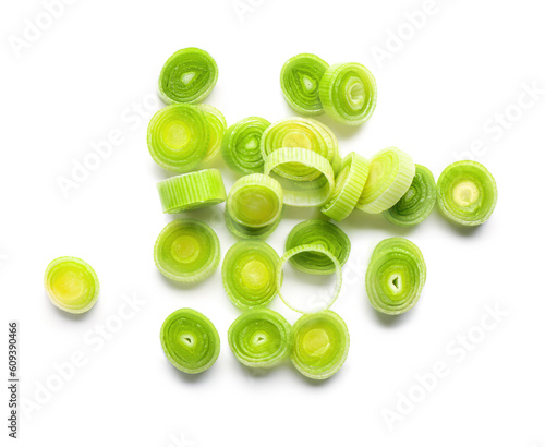 Fotografía Slices of fresh leek on white background