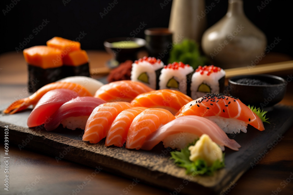 sushi meal seafood roll fish japanese rice food set japan. Generative AI. sushi meal seafood roll fish japanese rice food set japan. Generative AI.