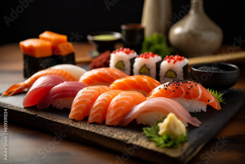 sushi meal seafood roll fish japanese rice food set japan. Generative AI.