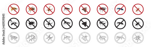 Prohibition insect icon set. Flat, silhouette and linear style.