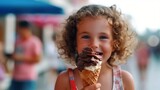 Five-year-old curly-haired girl eating ice cream, close-up, AI-generated 