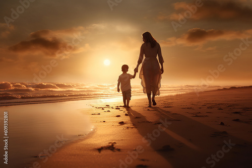 summer bank holiday, mom and son walking on the beach at sunset, generative ai