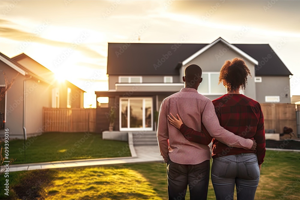 Happy homeowners. Loving couple African American embracing in front of ...