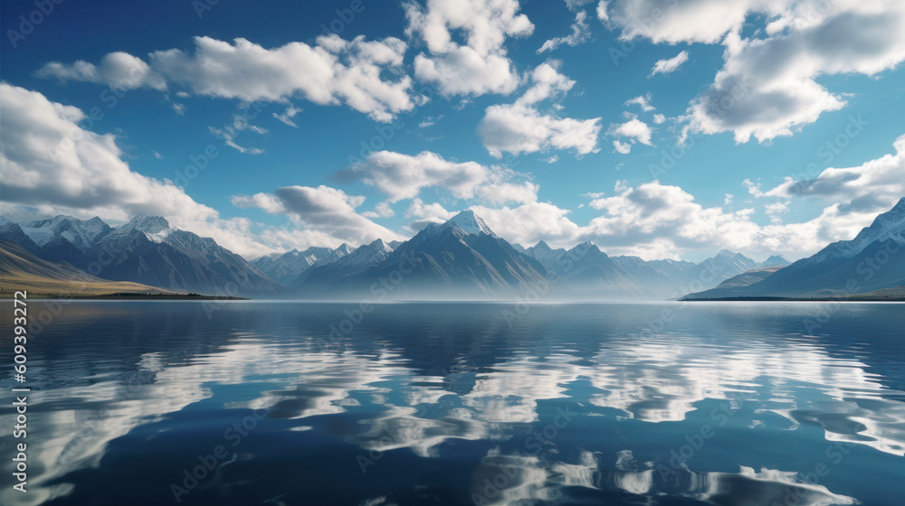 Reflections of Tranquility: A Captivating Landscape with Mirror-like Lake and Majestic Mountains. Generative AI
