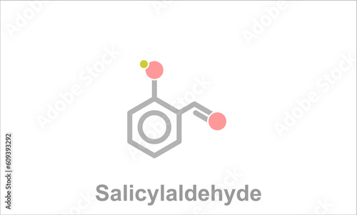 Simplified formula icon of salicylaldehyde. Aroma component of buckwheat. Cleaning agent precursor.