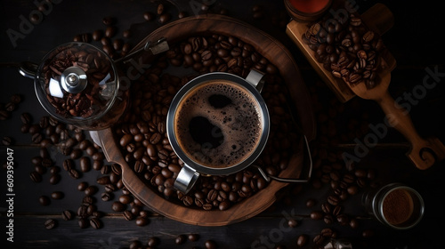 Homemade coffee, Coffee beans, French Press image generated by Creative AI