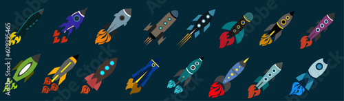 Color vector icon illustration collection of simple and cute rocket flying in outer space