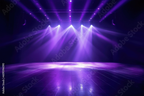 spotlights shine on stage floor in dark room