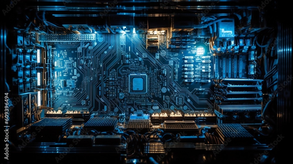 Closeup of an intricate blue circuit board (AI generated)