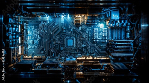 Closeup of an intricate blue circuit board (AI generated)
