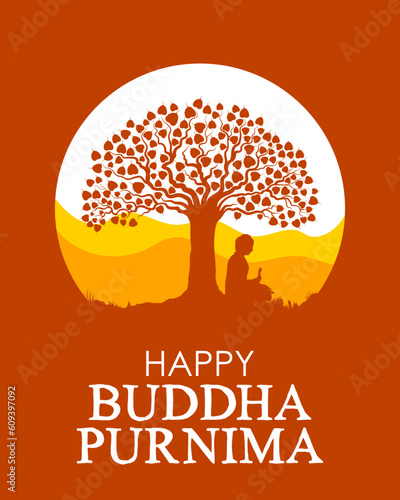Lord Buddha in meditation under Bodhi Tree for Buddhist festival Happy Buddha Purnima Vesak