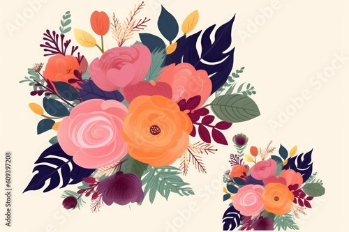 Beautiful romantic flower bouquet with roses  leaves   flowers  Generative AI