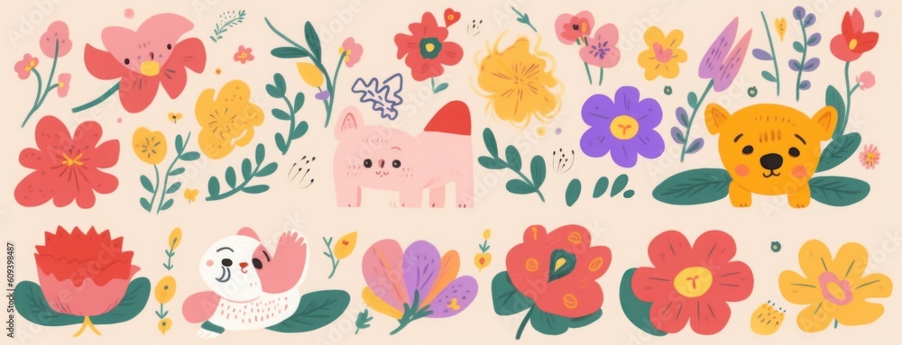 Colourful cartoon collection with cute dog, flowers and bouquets, Generative AI