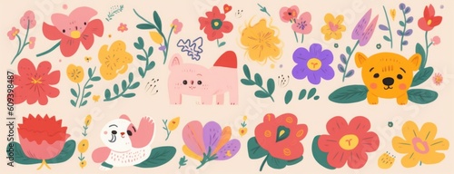 Colourful cartoon collection with cute dog  flowers and bouquets  Generative AI
