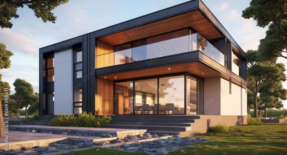 Modern Flat-Roofed House Featuring Large Windows. Home Design Inspiration. Generative AI. Modern Flat-Roofed House Featuring Large Windows. Home Design Inspiration. Generative AI.