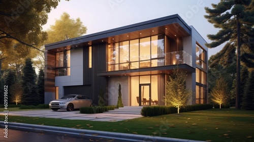 Modern Flat-Roofed House Featuring Large Windows. Home Design Inspiration. Generative AI.