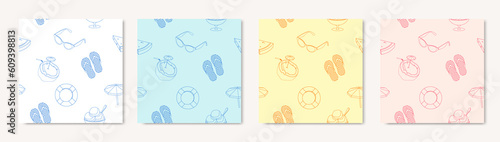 Set of four cute outline square seamless patterns in simple summer beach elements concept isolated on plain background. Good for decoration, wrapping paper, packaging, greeting card and backdrop.