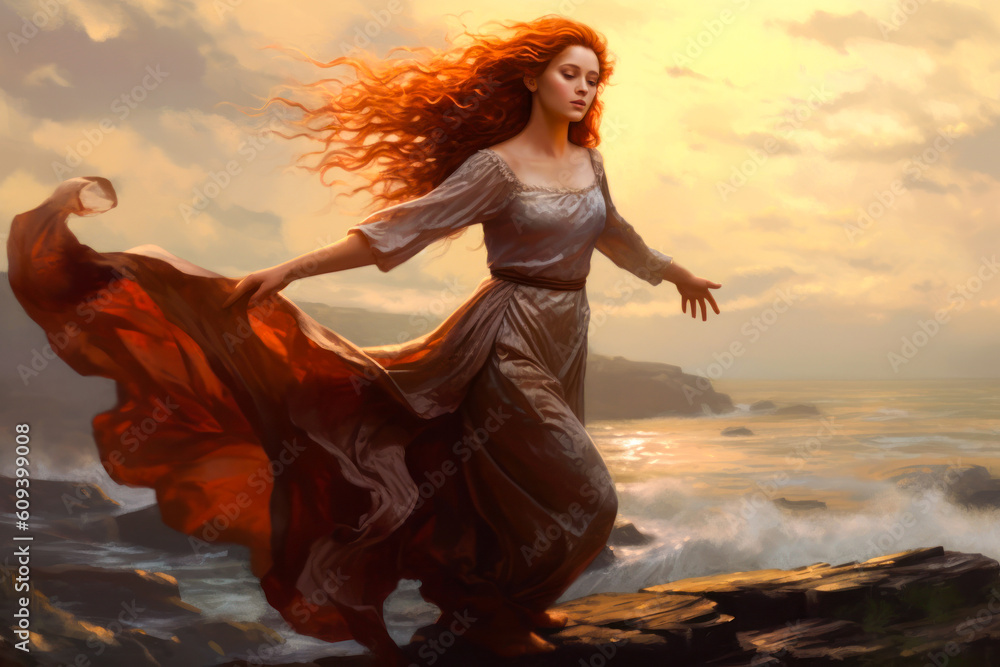 Woman with red hair and dress walking on the seashore at dawn, painting, Celtic. Generative AI
