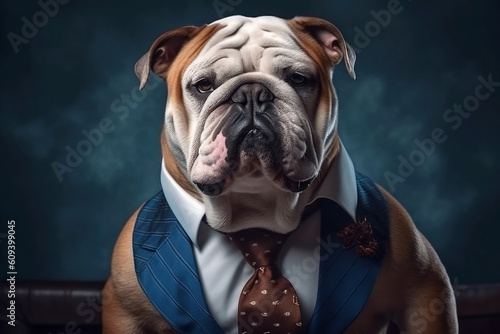 Portrait of a Bulldog dressed in a formal business suit  The Elegant Boss Bulldog  generative AI