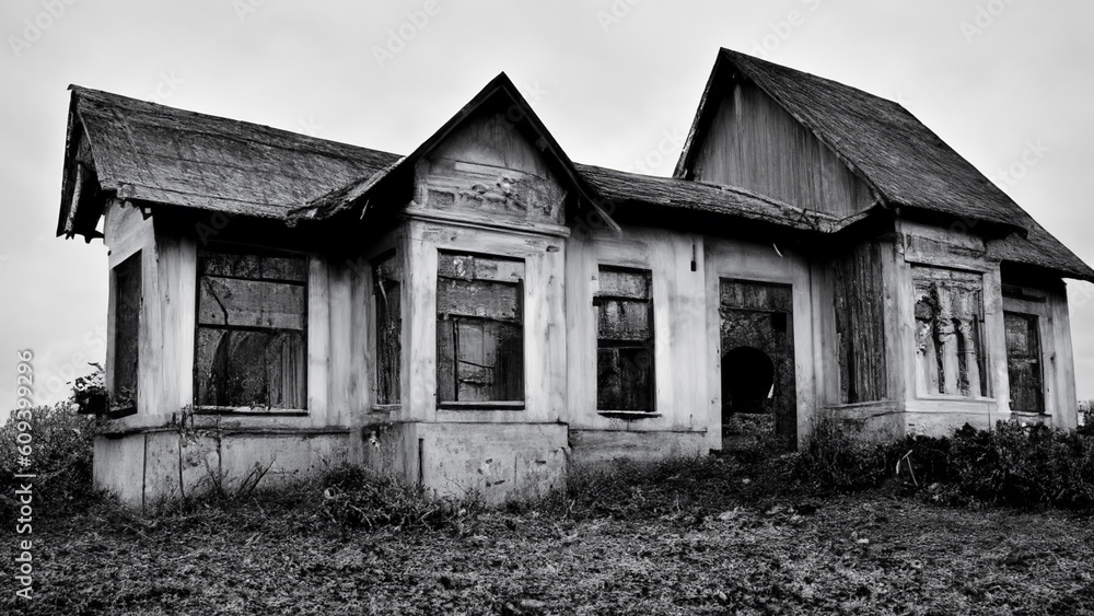 Obraz premium black and white photo of creepy house. Generated AI