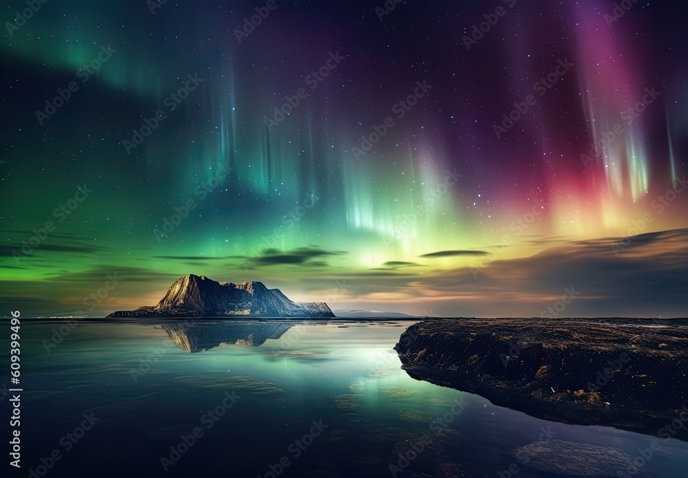 Naklejka premium Northern lights Landscape Long exposure. Created with Generative AI tools