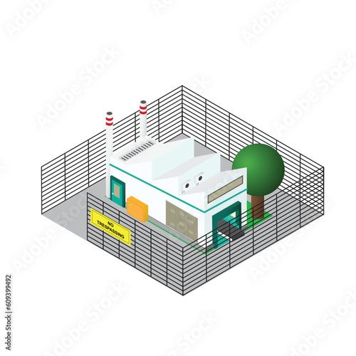 A vector of isometric factory with high security gate. Factory safety concept