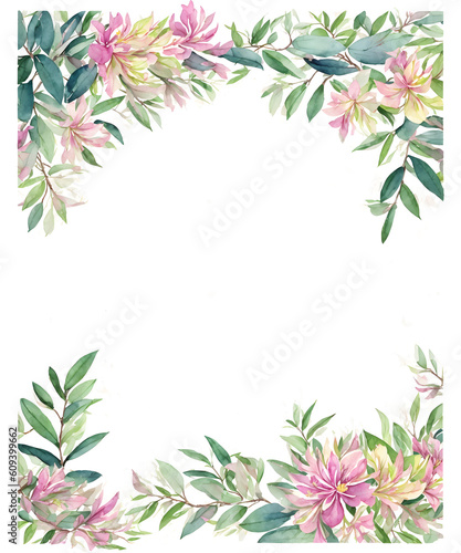 Floral background with place for text. Flowers Rhododendron with a frame. Decorative item for Wallpaper, wrapping paper and backgrounds, postcards and wedding invitations. Generative AI. © 360VP