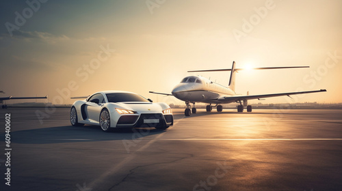 airplane landing at sunrise luxury as a supercar and private jet grace a landing strip, ready to embark on a seamless journey. The supercar's powerful engine and the private jet's Generative AI © Tahsin