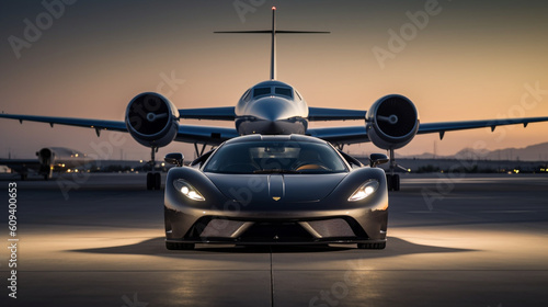 airplane at the airport luxury as a supercar and private jet grace a landing strip, ready to embark on a seamless journey. The supercar's powerful engine and the private jet's Generative AI photo