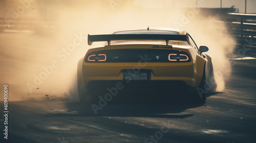 speed and power of a sports car racing on a track from a unique perspective, with a close - up image of the tire traction and smoke during a thrilling drift, Generative AI © Tahsin