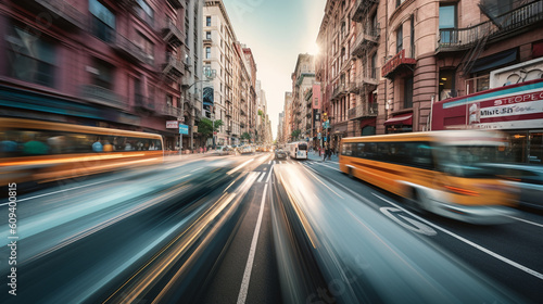 traffic city in motion, as a blur of business people cross the roads in a panoramic view. The soft focus and motion blur lend a sense of excitement and dynamism to the scene, Generative AI