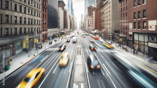  city in motion  as a blur of business people cross the roads in a panoramic view. The soft focus and motion blur lend a sense of excitement and dynamism to the scene  Generative AI