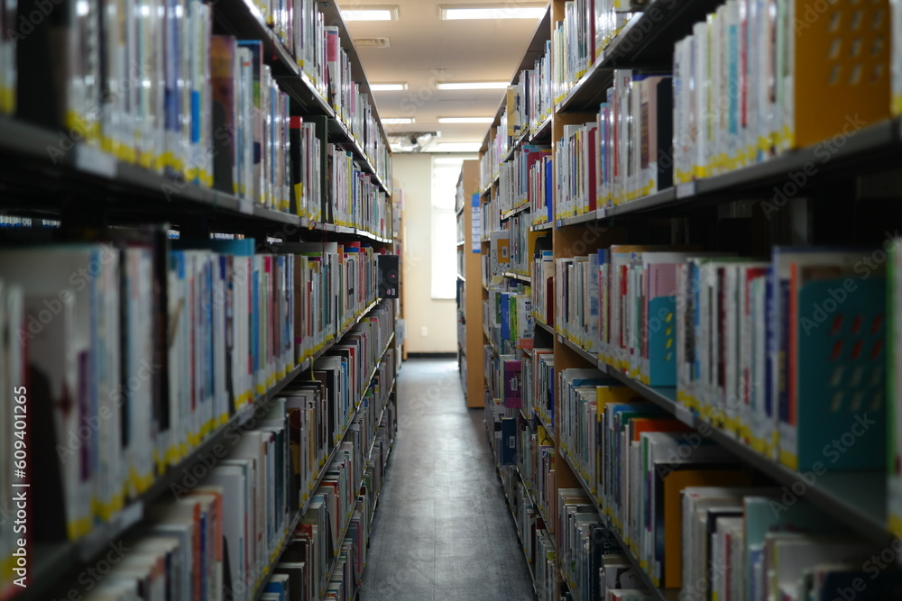 Interior of a library with books on both sides Interior of a library with books on both sides