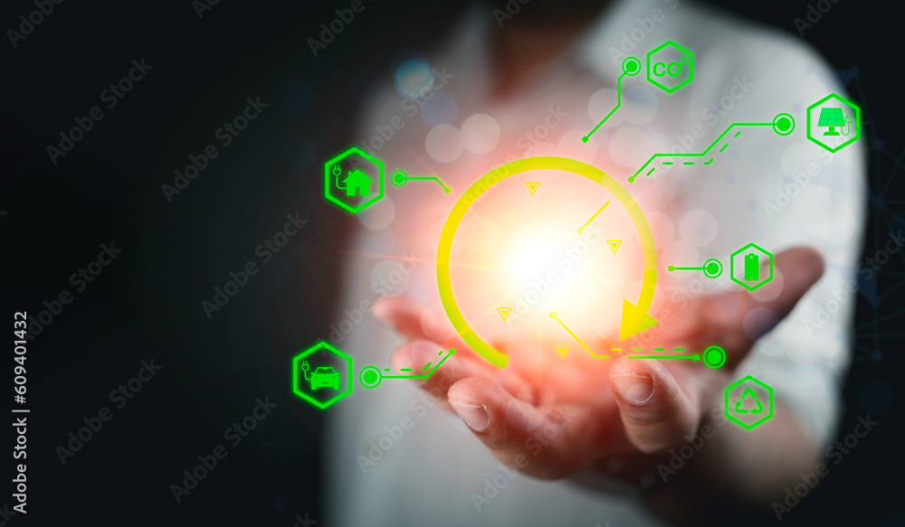 Green energy innovation with future industry of power generation icon graphic interface. Concept of sustainability development by alternative sources renewable. Ecology and environment. Green energy innovation with future industry of power generation icon graphic interface. Concept of sustainability development by alternative sources renewable. Ecology and environment.