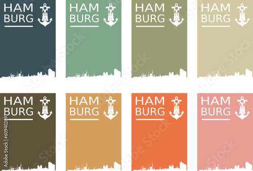 Vektor Karten Set mit Skyline Hamburg - Text und Symbol, Wappen und Anker