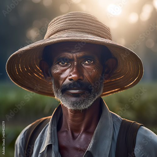 Portrait of serious indian senior village farmer with hat looking at camera, Generative AI.