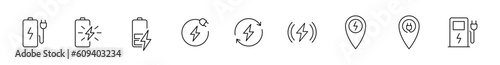 Charging battery icon set. Charging station sign. Lightning, plug, accumulator, station. EPS 10