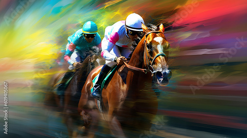 horse racing a jockey and their racing horse as they compete on the grand stage of a hippodrome. With the racetrack stretching out before them, the image captures the champion, Generative AI