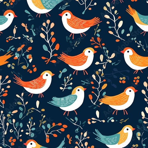 Modern leaves, flowers and birds seamless pattern, created with generative AI