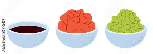Soy sauce, wasabi and pickled ginger in a bowls. Set of sauces and seasonings for sushi. Flat isolated vector illustration on white background.