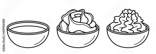 Soy sauce, wasabi and pickled ginger in a bowls. Set of japanese sushi condiment. Collection of hand drawn icons in doodle sketch style. Vector illustration isolated on white background.