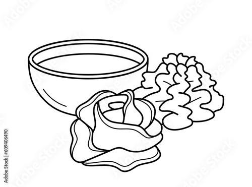Soy sauce, wasabi and pickled ginger in a bowls. Set of japanese seasoning for sushi. Composition in doodle line style. Vector illustration isolated on white background.
