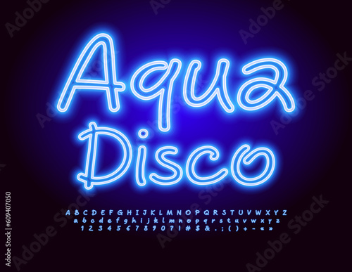 Vector playful Sign Aqua Disco. Bright Glowing Font. Blue Neon Alphabet Letters and Numbers