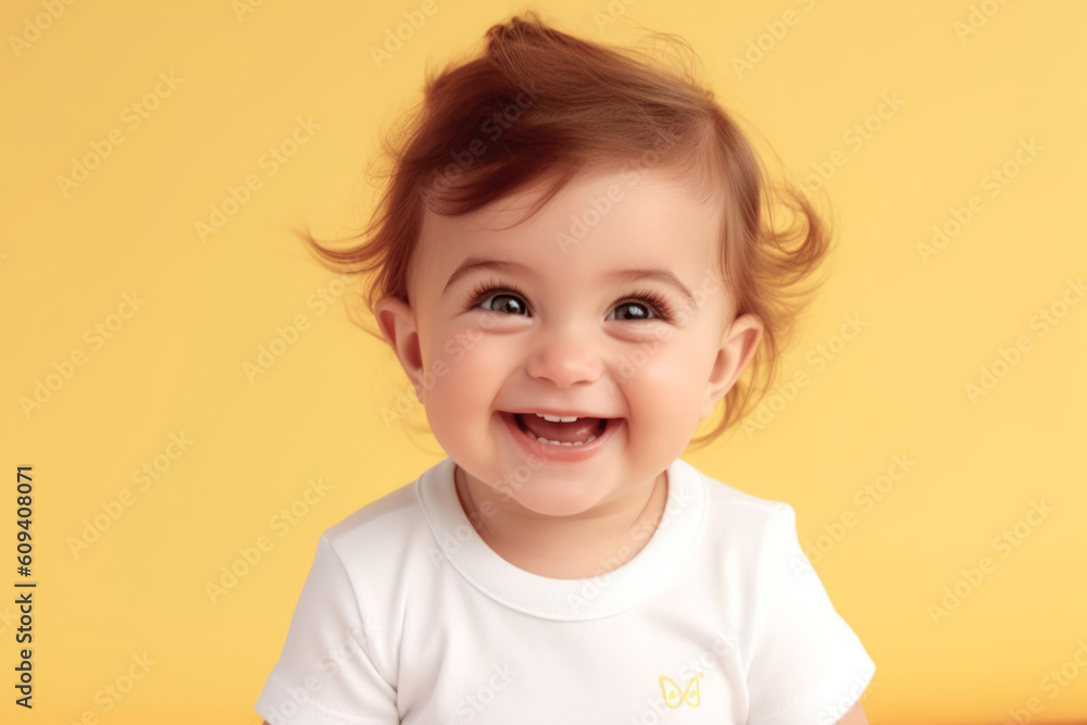Portrait of a Little Child. Baby Girl on Yellow Background. Baby Boy on Yellow Background. Background. Toddler is Smiling. Child in White T-shirt. Portrait of a Little Child. Baby Girl on Yellow Background. Baby Boy on Yellow Background. Background. Toddler is Smiling. Child in White T-shirt.
